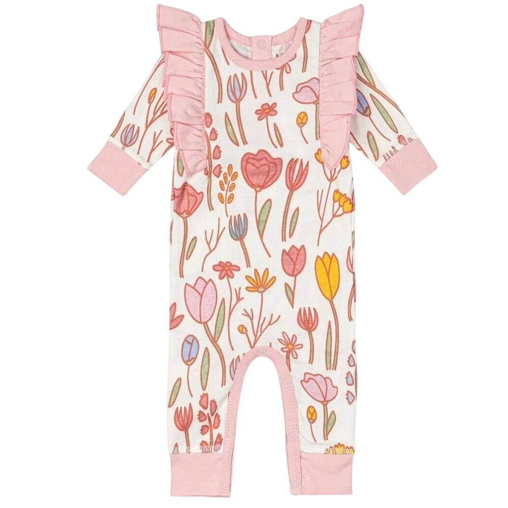 M+A Monica + Andy Pink Floral Organic Cotton Long Sleeve Ruffle Romper Size 3-6M